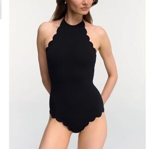 Marysia womens black scalloped mott maillot halter one piece swimsuit Small
